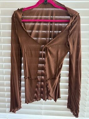Brown Tie-Front Long Sleeve Women's Top sheer lightweight
